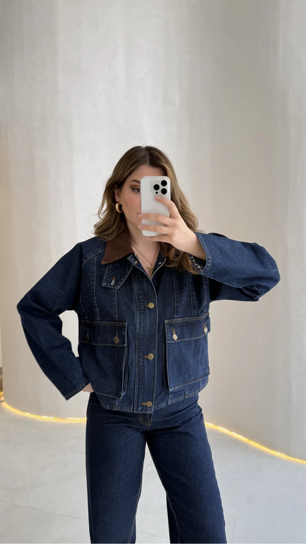 Kahverengi Yaka Kol Detaylı Ekose Astarlı Denim Takım - Lacivert - Kod: 250193