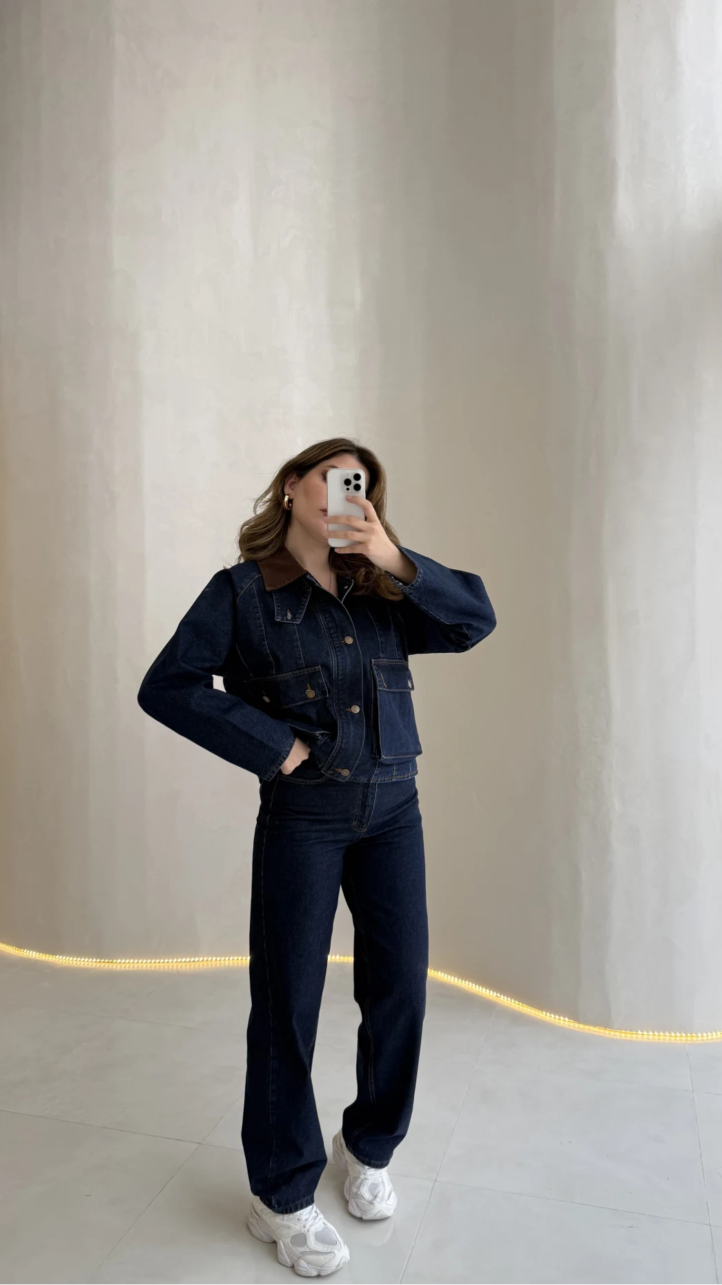 Kahverengi Yaka Kol Detaylı Ekose Astarlı Denim Takım - Lacivert - Kod: 250193