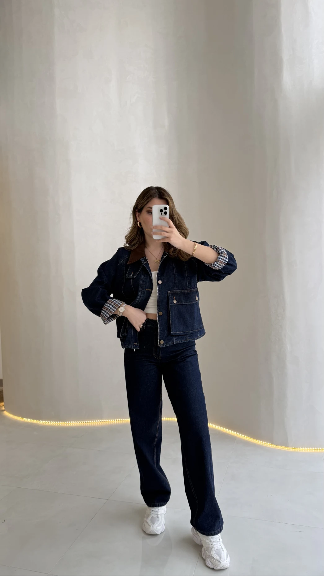 Kahverengi Yaka Kol Detaylı Ekose Astarlı Denim Takım - Lacivert - Kod: 250193