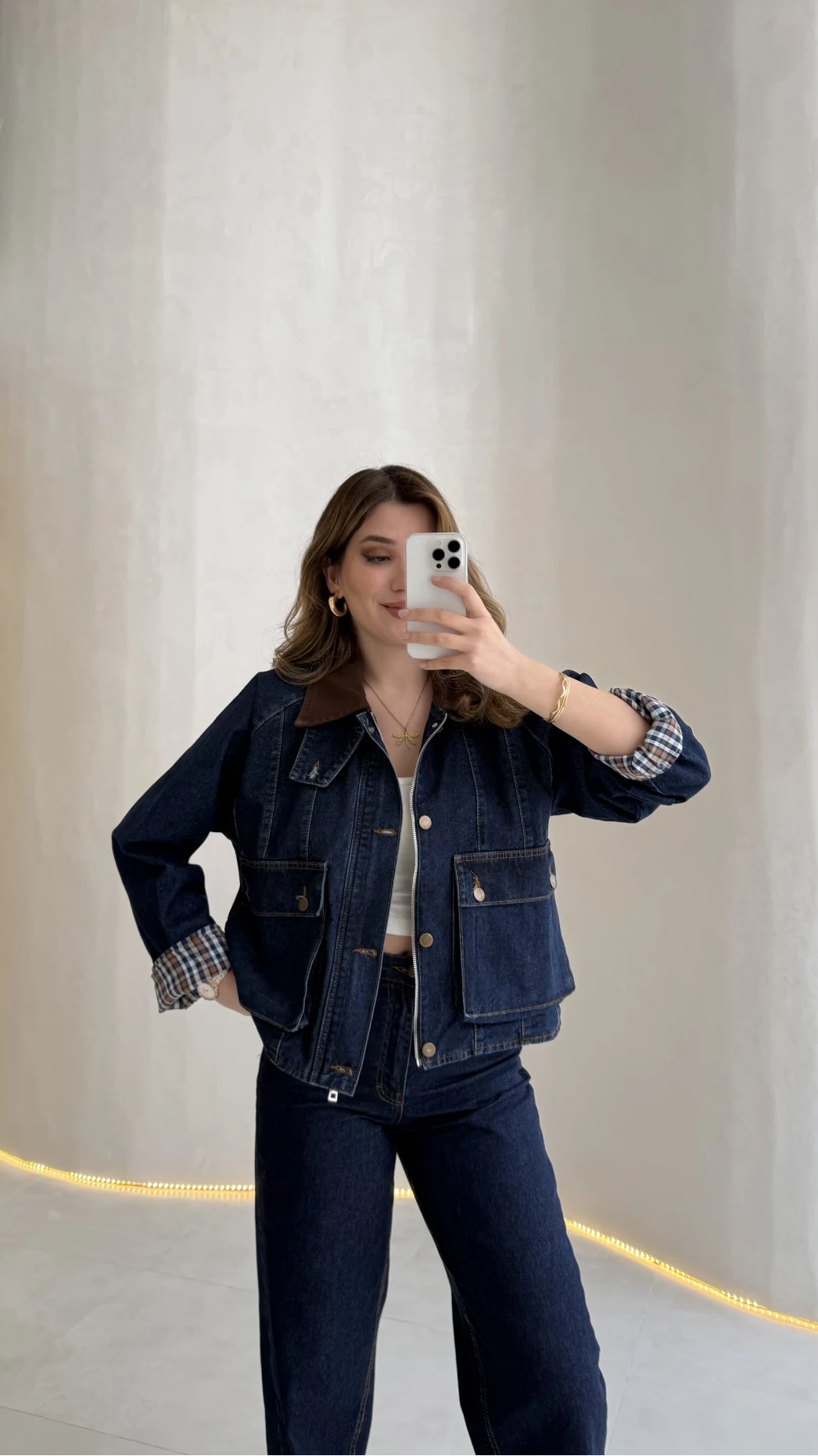 Kahverengi Yaka Kol Detaylı Ekose Astarlı Denim Takım - Lacivert - Kod: 250193