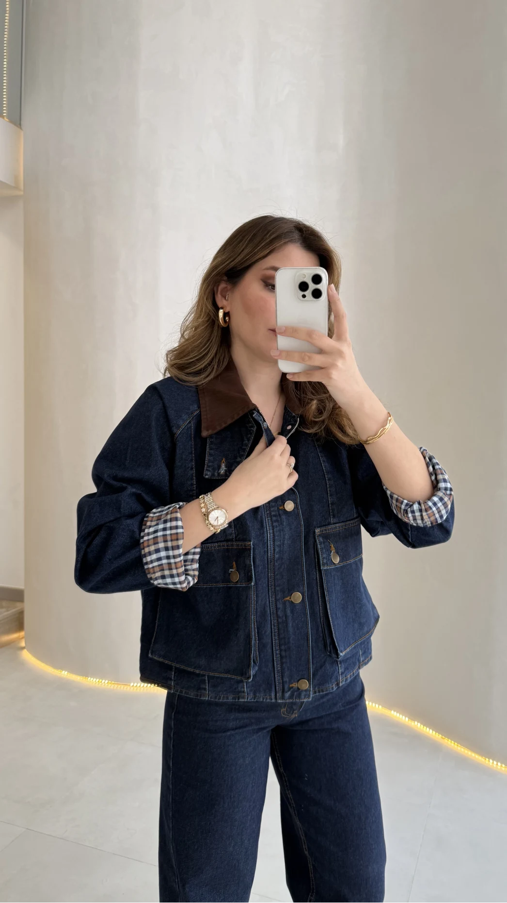 Kahverengi Yaka Kol Detaylı Ekose Astarlı Denim Takım - Lacivert - Kod: 250193