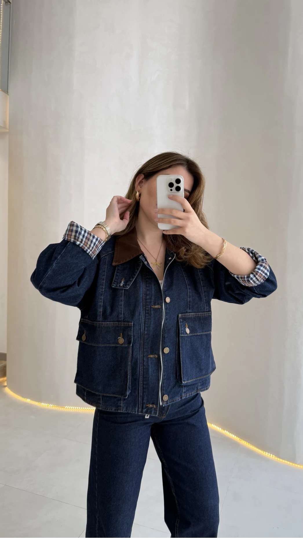 Kahverengi Yaka Kol Detaylı Ekose Astarlı Denim Takım - Lacivert - Kod: 250193