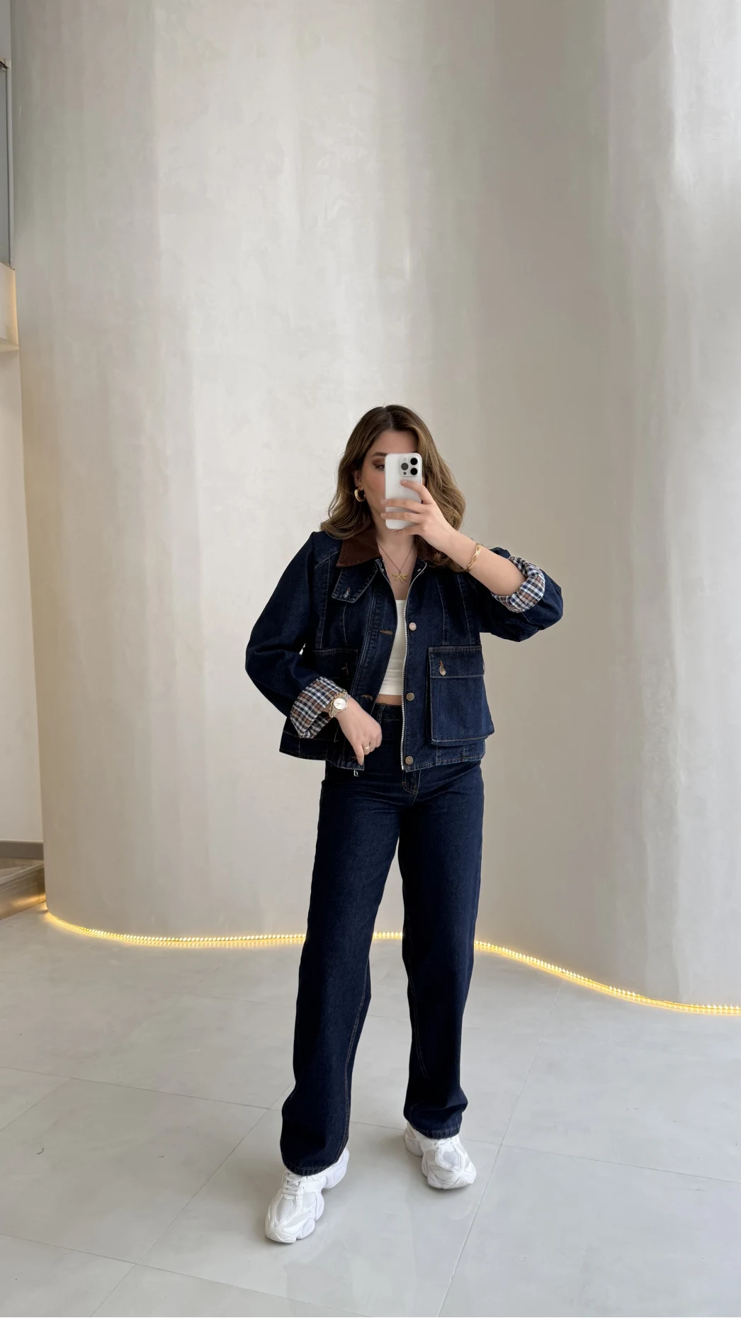 Kahverengi Yaka Kol Detaylı Ekose Astarlı Denim Takım - Lacivert - Kod: 250193