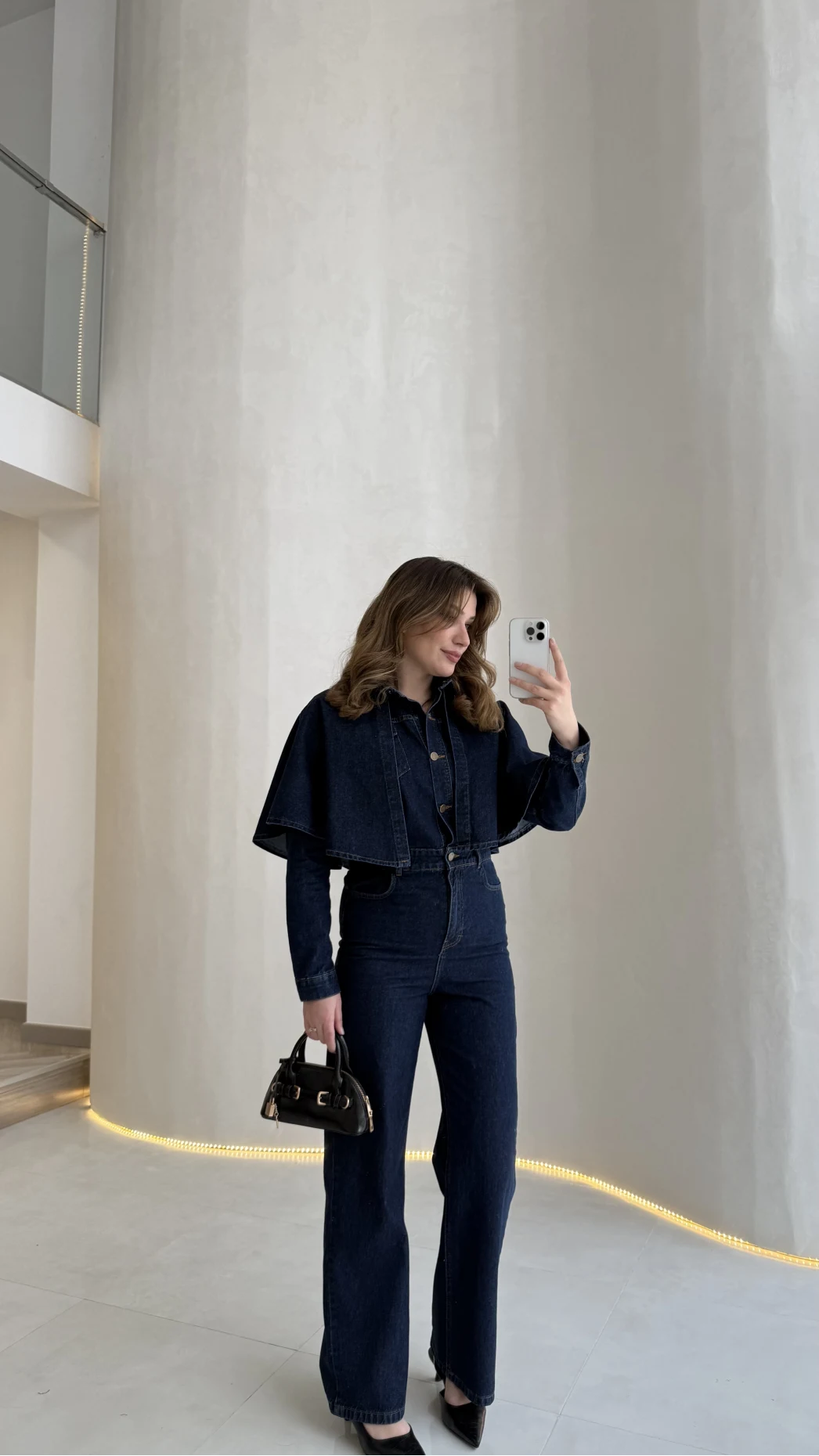 Panço Detaylı Kuşaklı Denim Tulum - Lacivert - Kod: 260106