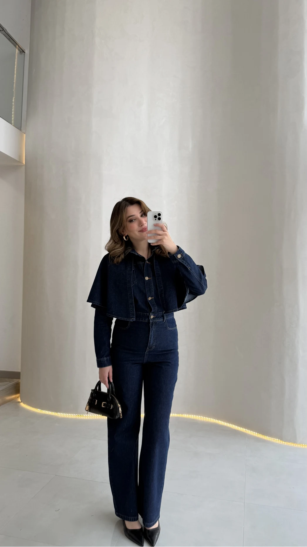 Panço Detaylı Kuşaklı Denim Tulum - Lacivert - Kod: 260106