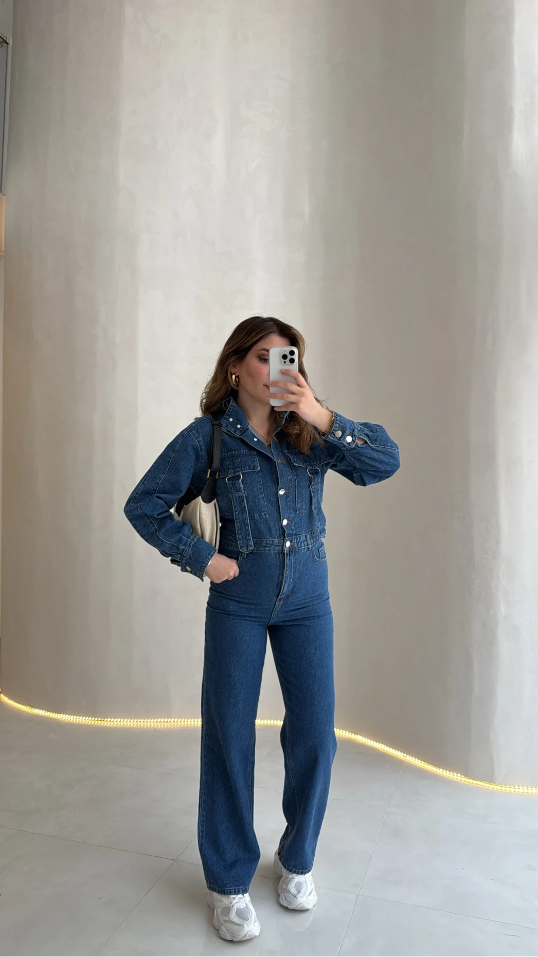 Kargo Cep Detaylı Boğazı Kuşaklı Denim Tulum - Mavi - Kod: 260107