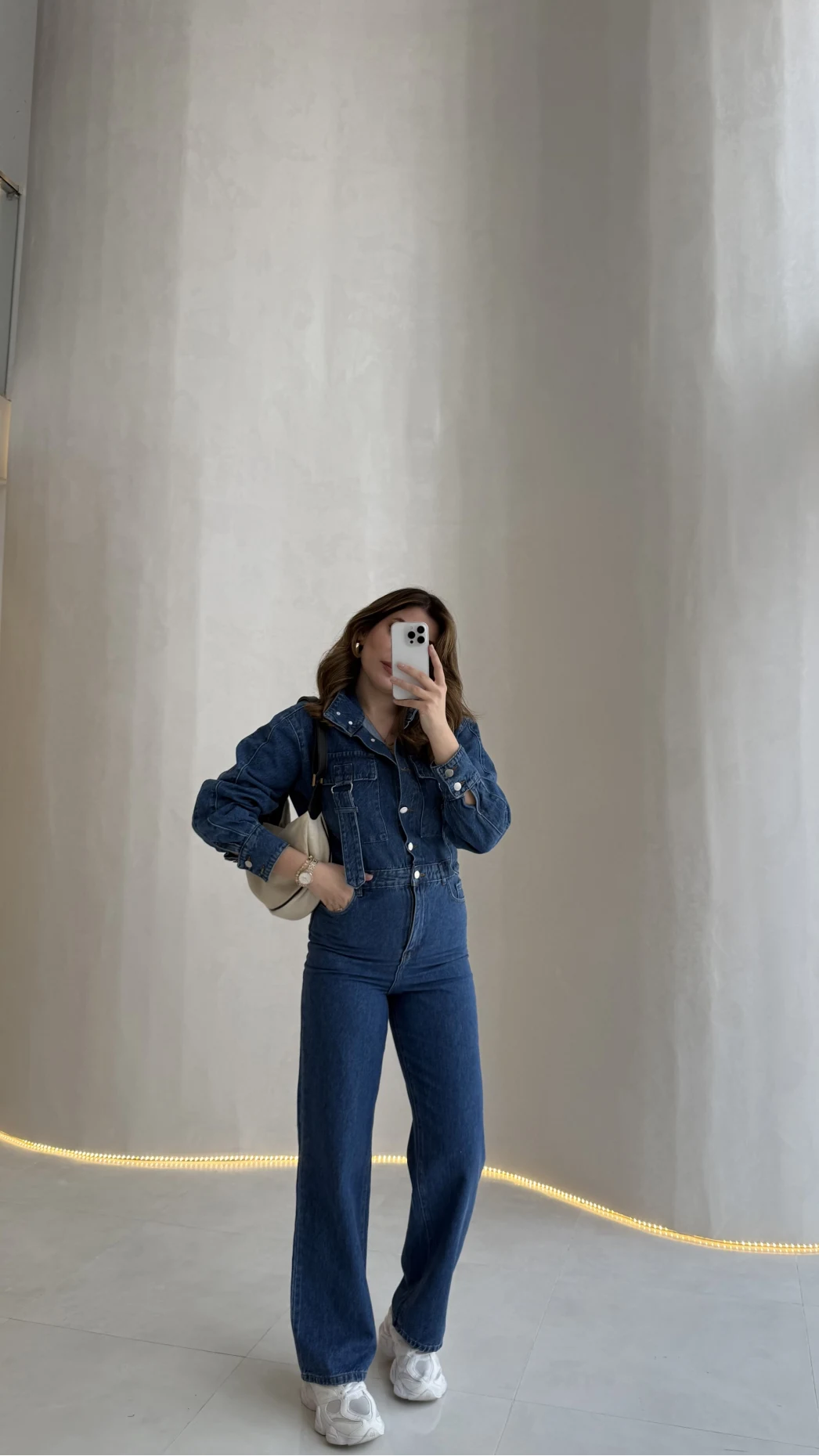 Kargo Cep Detaylı Boğazı Kuşaklı Denim Tulum - Mavi - Kod: 260107