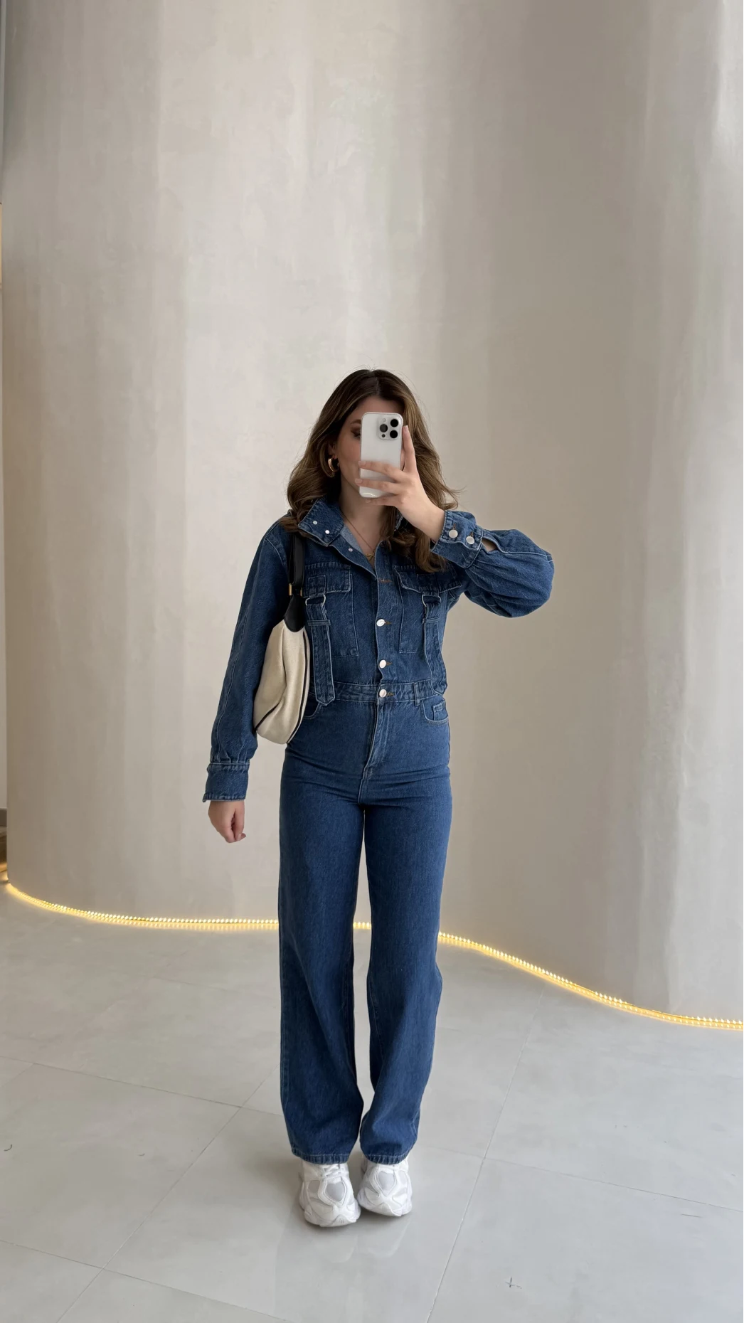 Kargo Cep Detaylı Boğazı Kuşaklı Denim Tulum - Mavi - Kod: 260107