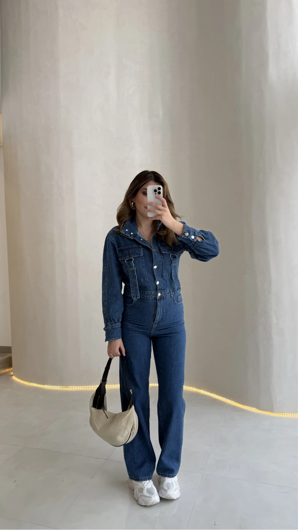 Kargo Cep Detaylı Boğazı Kuşaklı Denim Tulum - Mavi - Kod: 260107