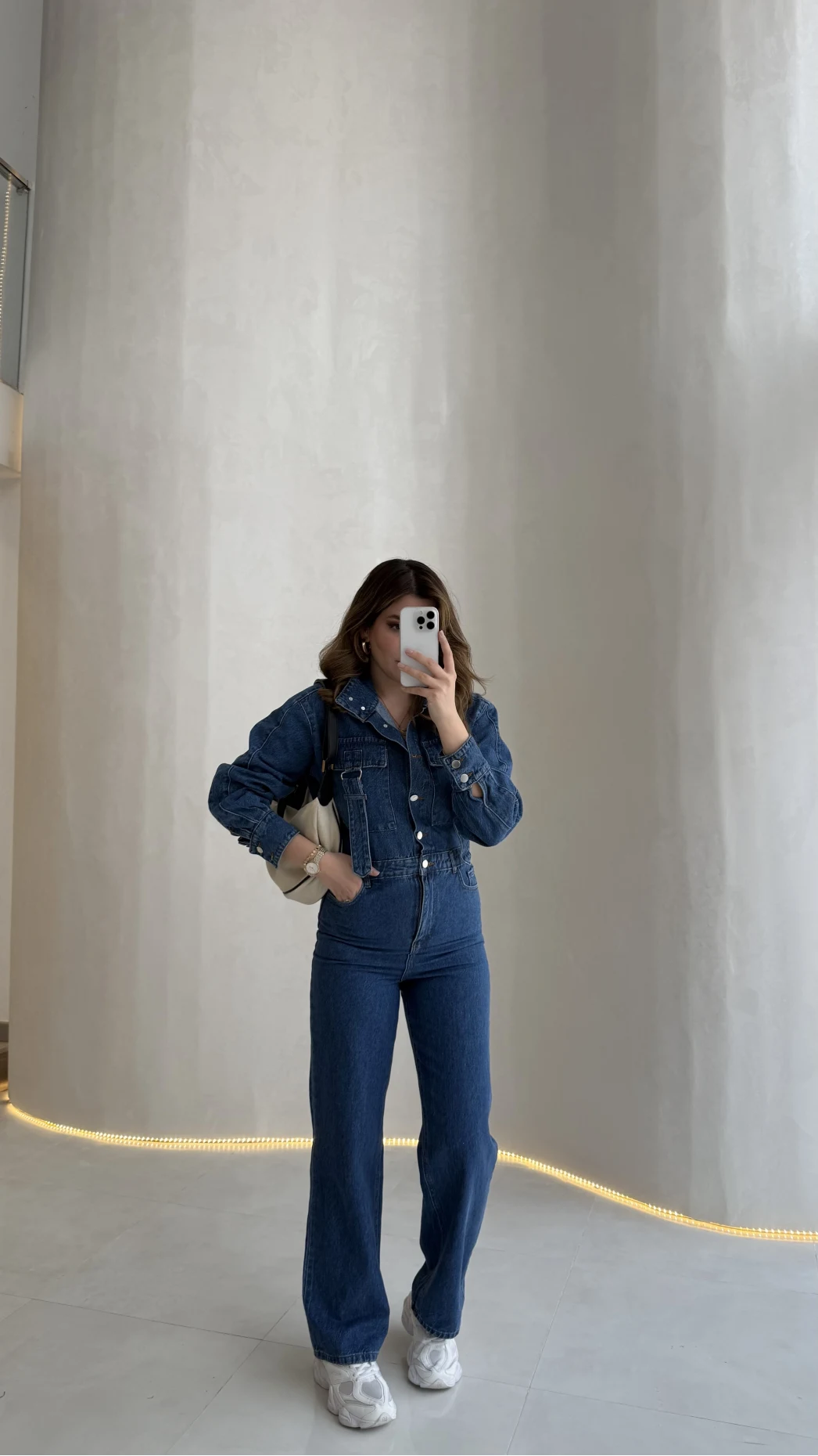 Kargo Cep Detaylı Boğazı Kuşaklı Denim Tulum - Mavi - Kod: 260107