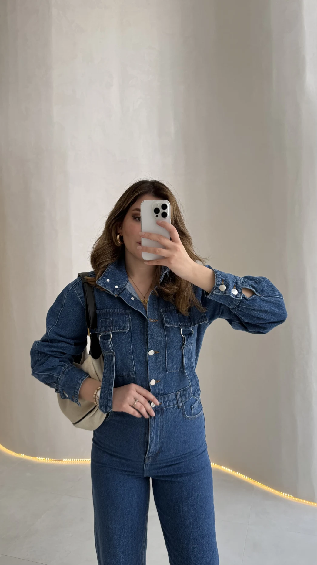 Kargo Cep Detaylı Boğazı Kuşaklı Denim Tulum - Mavi - Kod: 260107