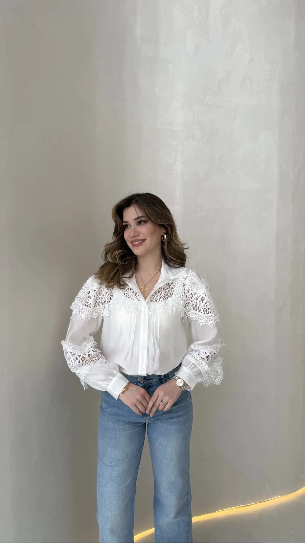 Sora Dantel Detay Balon Kol Gömlek - Beyaz - Kod: 39378