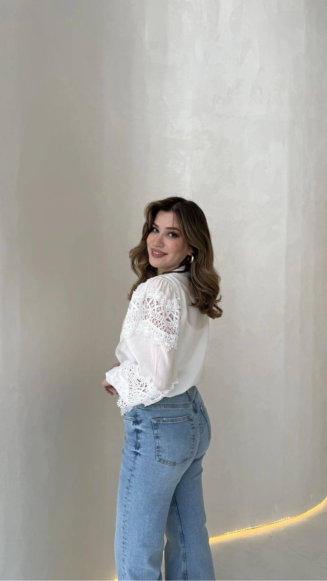 Sora Dantel Detay Balon Kol Gömlek - Beyaz - Kod: 39378