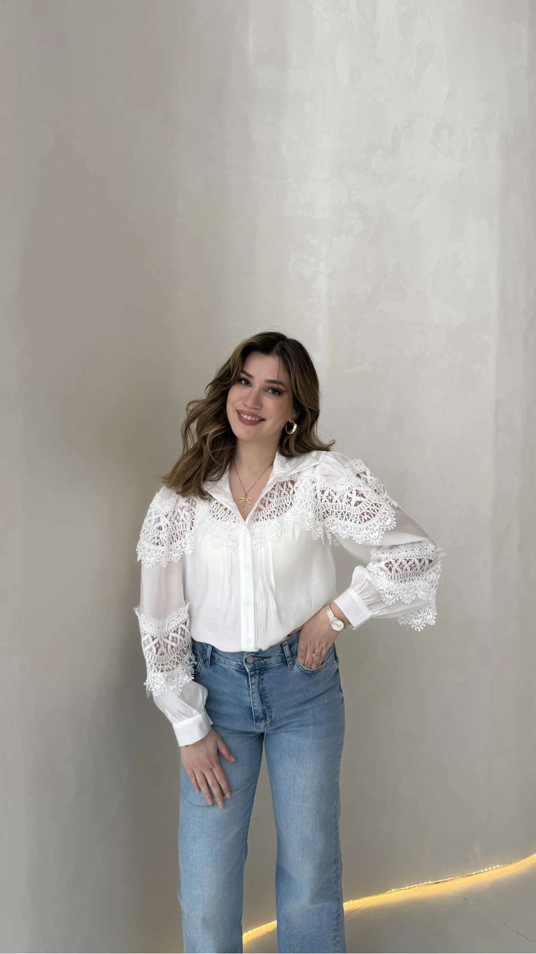 Sora Dantel Detay Balon Kol Gömlek - Beyaz - Kod: 39378