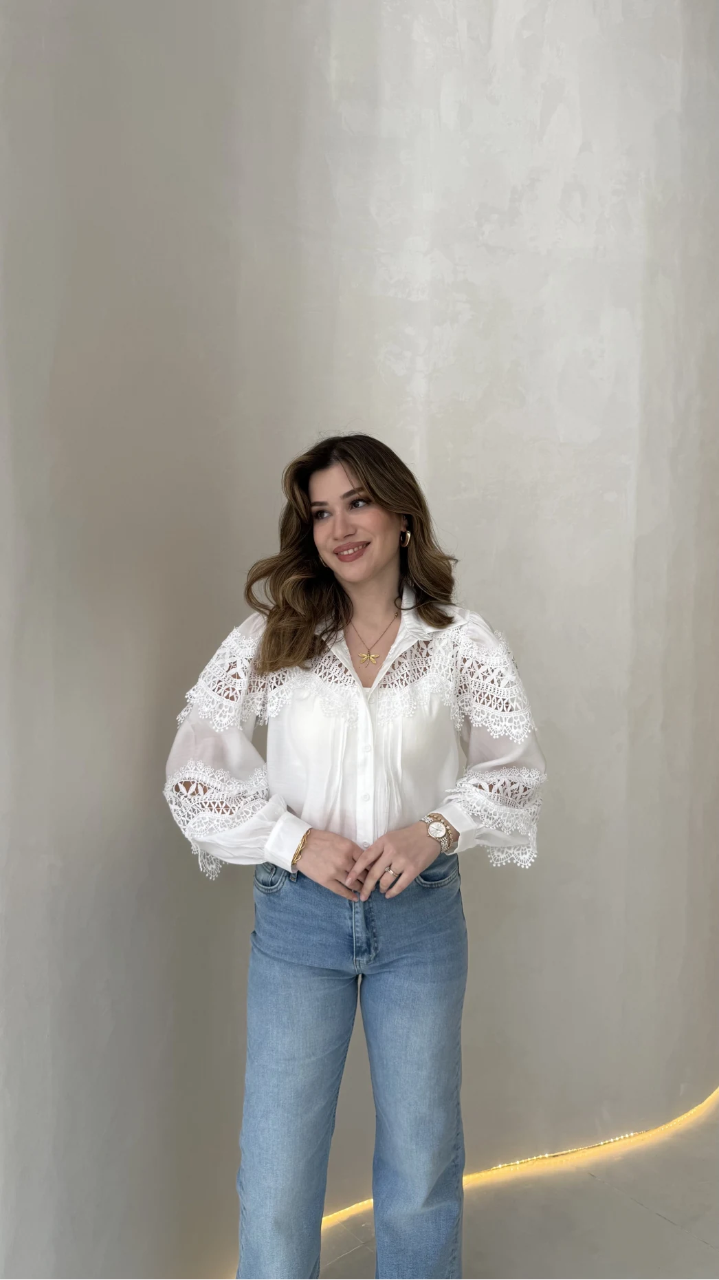 Sora Dantel Detay Balon Kol Gömlek - Beyaz - Kod: 39378