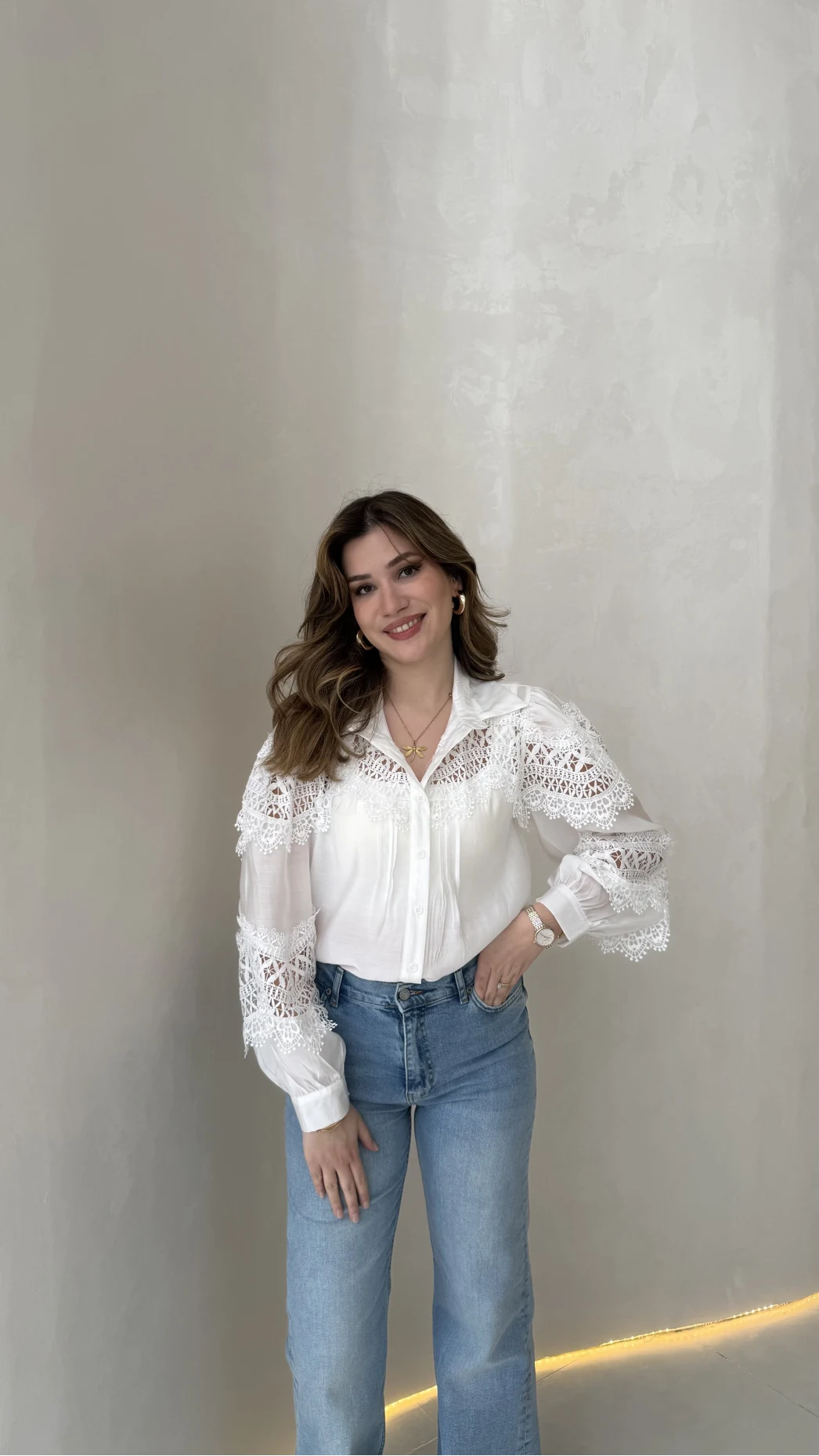 Sora Dantel Detay Balon Kol Gömlek - Beyaz - Kod: 39378