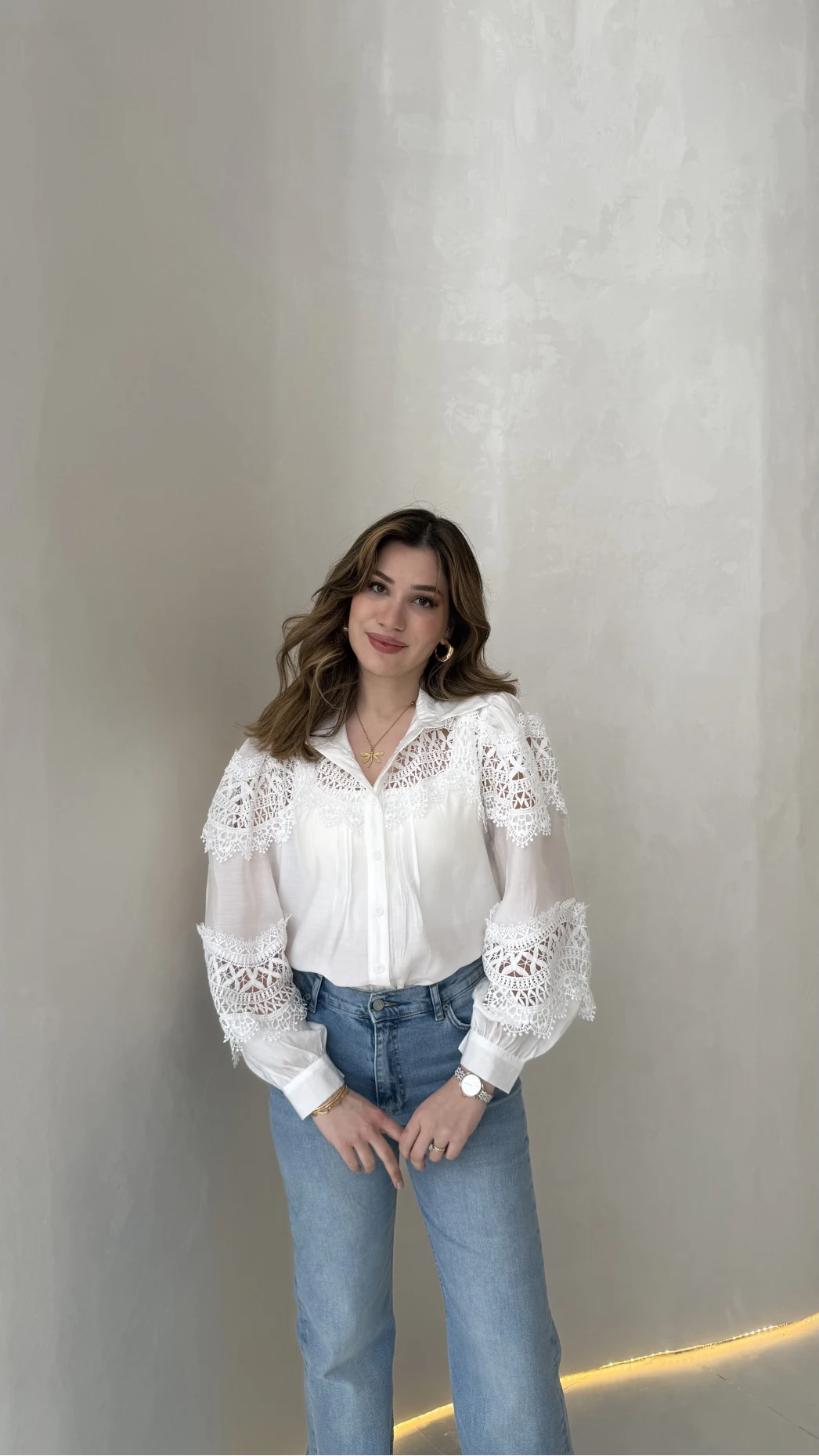 Sora Dantel Detay Balon Kol Gömlek - Beyaz - Kod: 39378