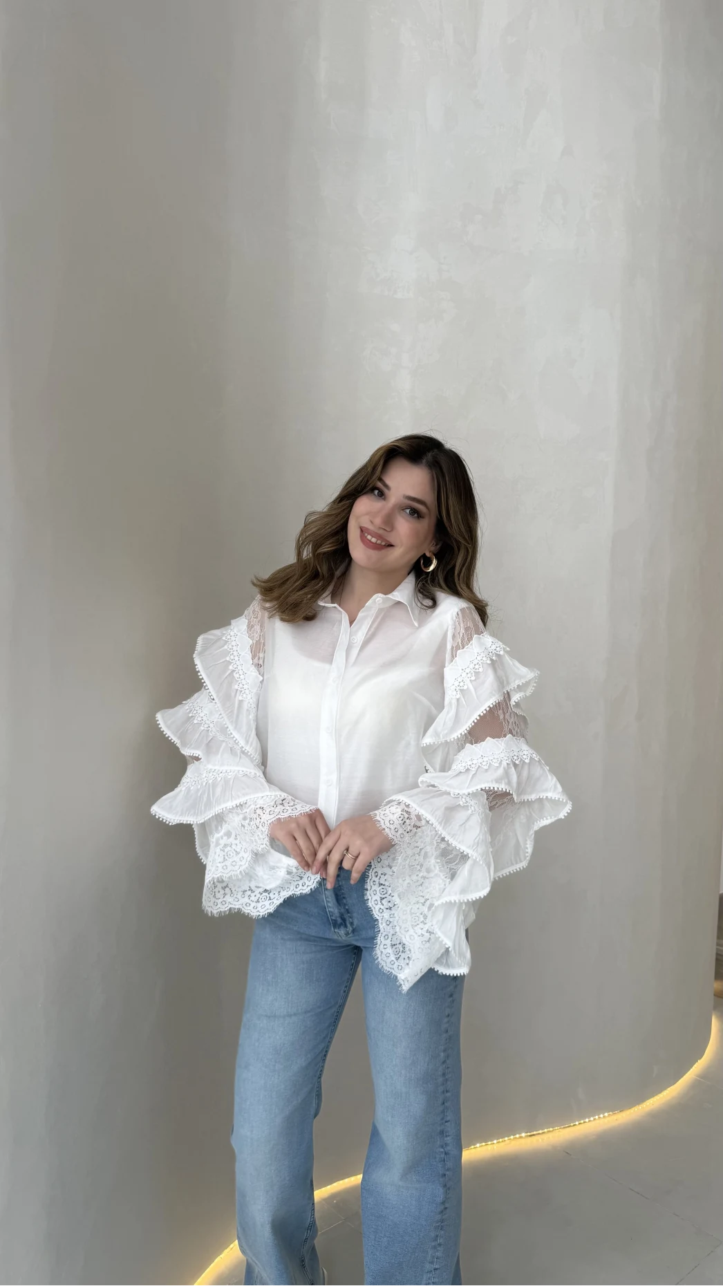 Fırfırlı Dantel Detay Gömlek - Beyaz - Kod: 39368