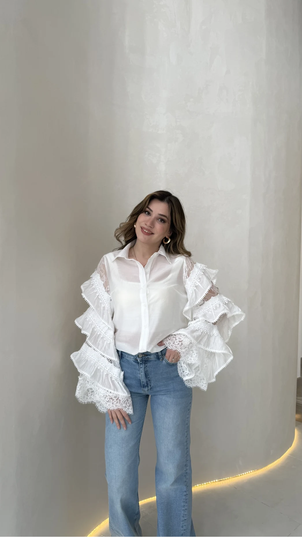 Fırfırlı Dantel Detay Gömlek - Beyaz - Kod: 39368