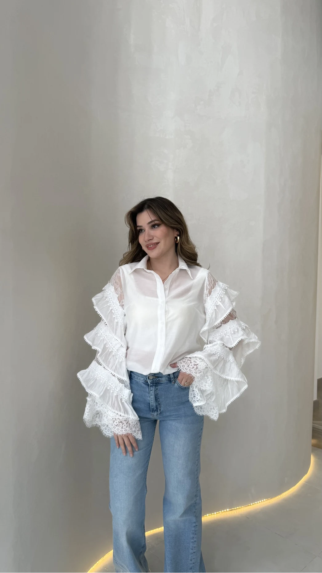 Fırfırlı Dantel Detay Gömlek - Beyaz - Kod: 39368