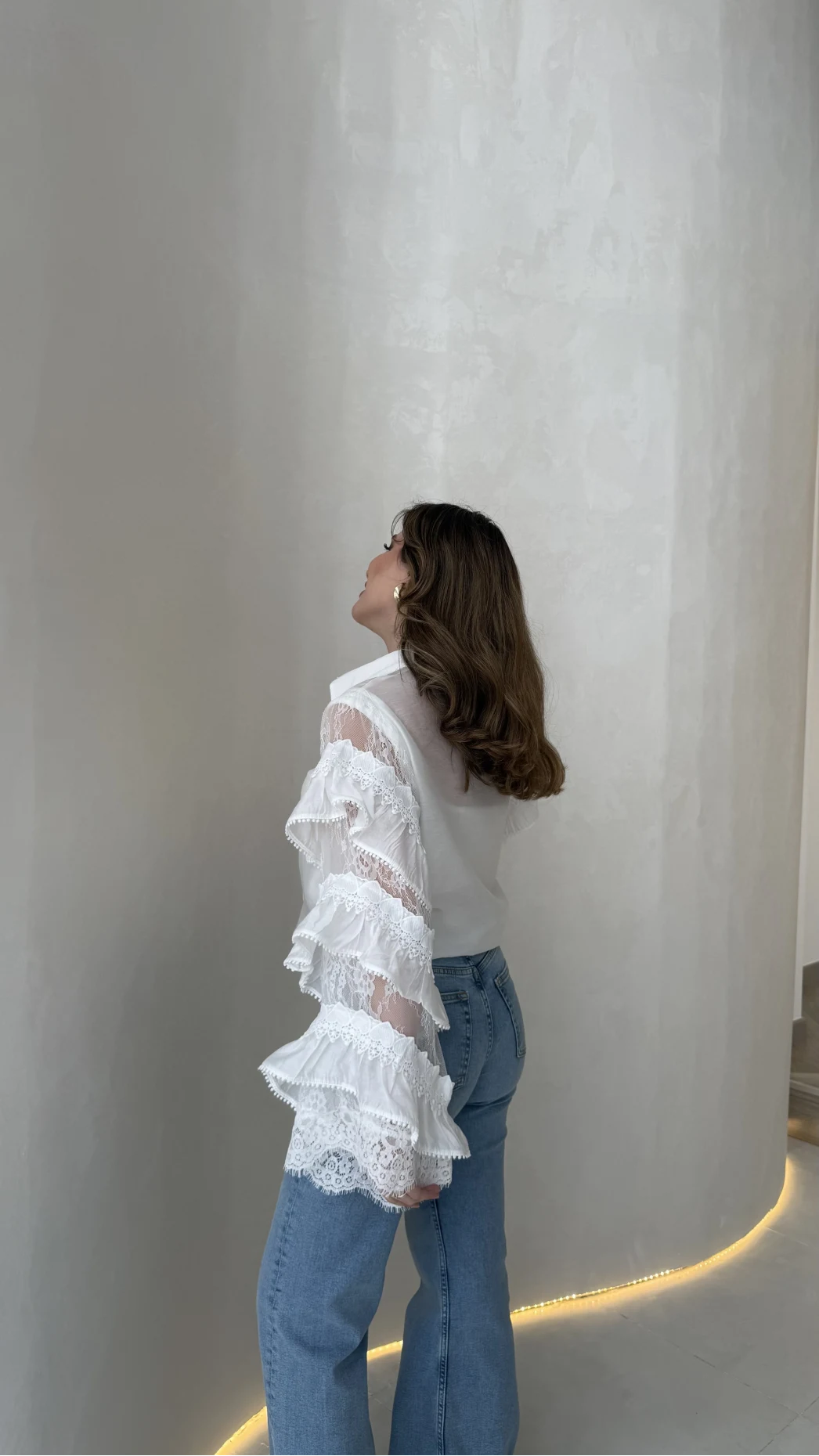 Fırfırlı Dantel Detay Gömlek - Beyaz - Kod: 39368