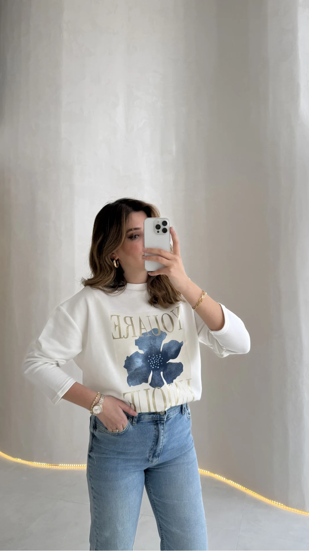 Bisiklet Yaka Baskılı Sweatshırt - Beyaz - Kod: 01816