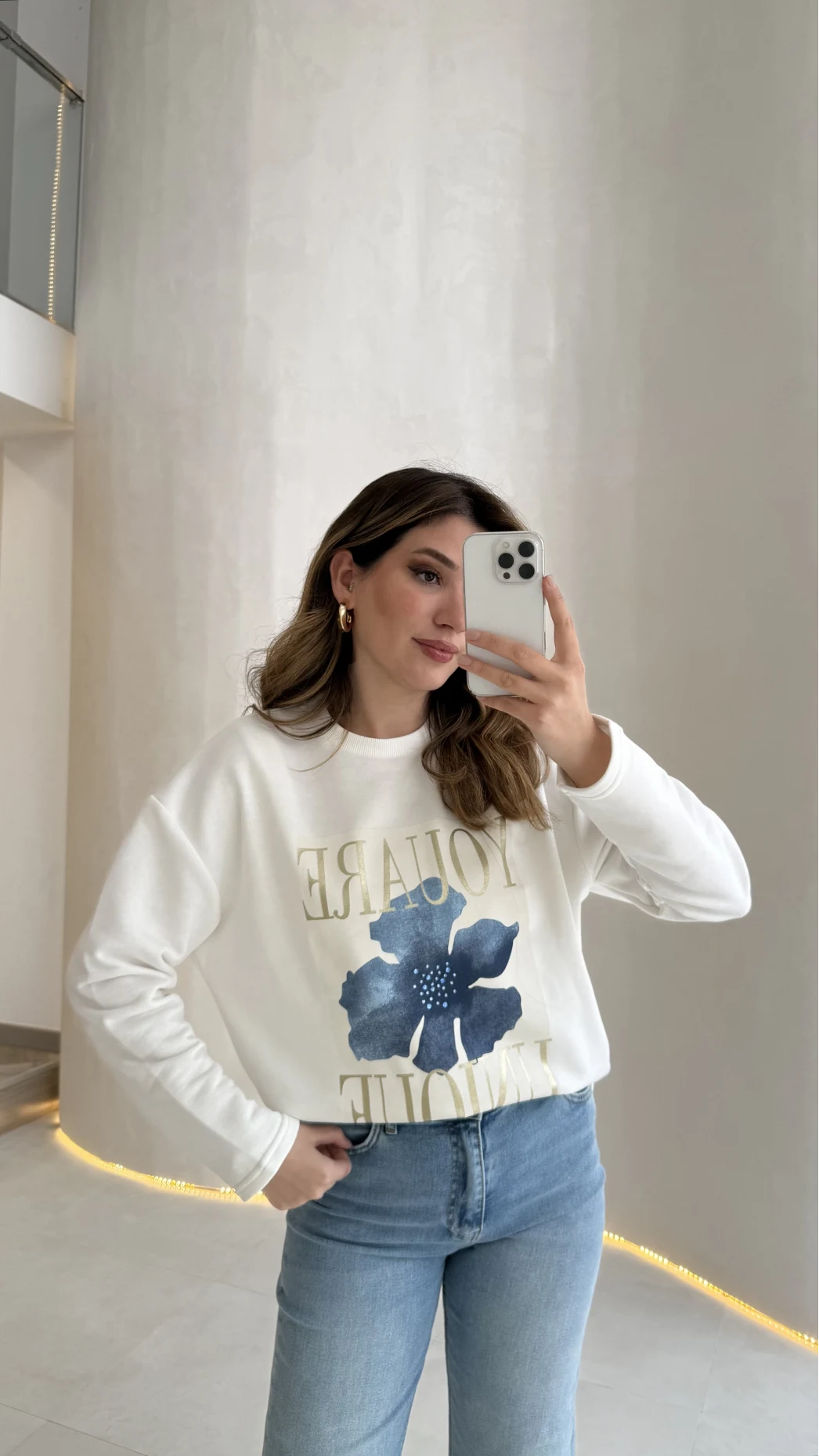 Bisiklet Yaka Baskılı Sweatshırt - Beyaz - Kod: 01816