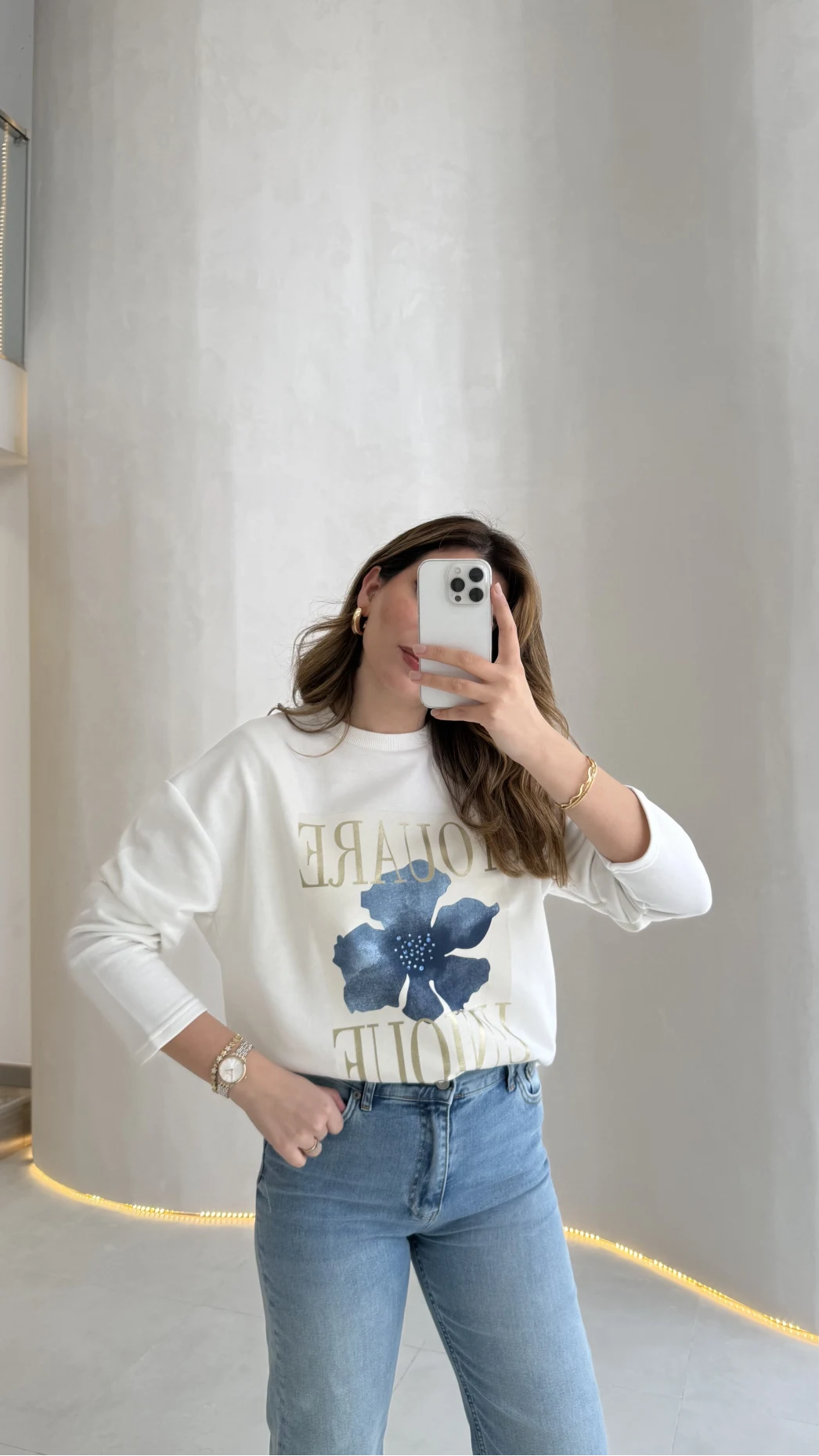 Bisiklet Yaka Baskılı Sweatshırt - Beyaz - Kod: 01816