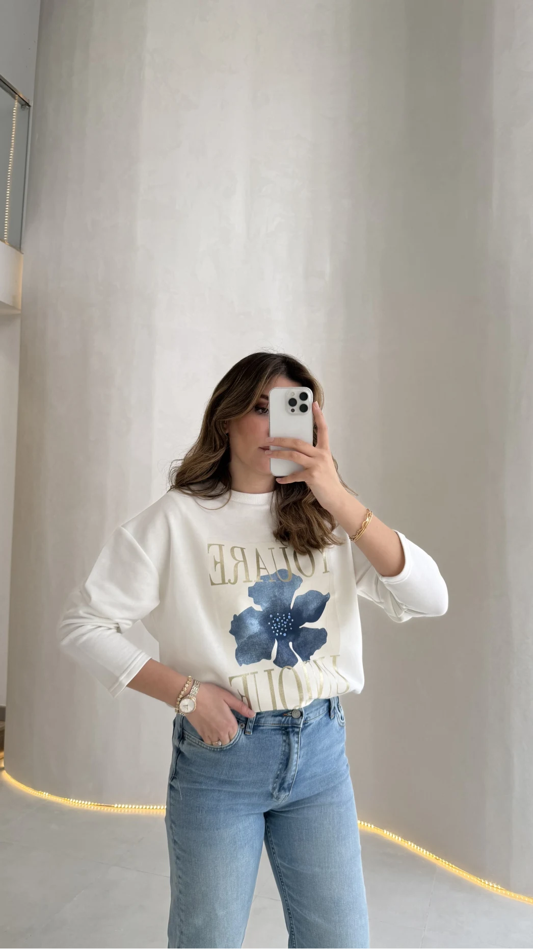 Bisiklet Yaka Baskılı Sweatshırt - Beyaz - Kod: 01816