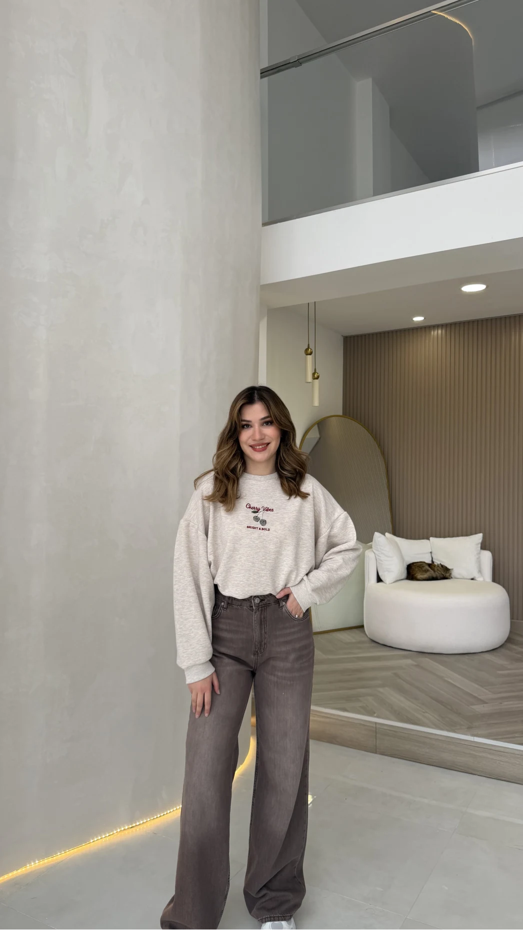 Dilvin Yüksek Bel Dökümlü Denim Pantolon - Açık Kahve