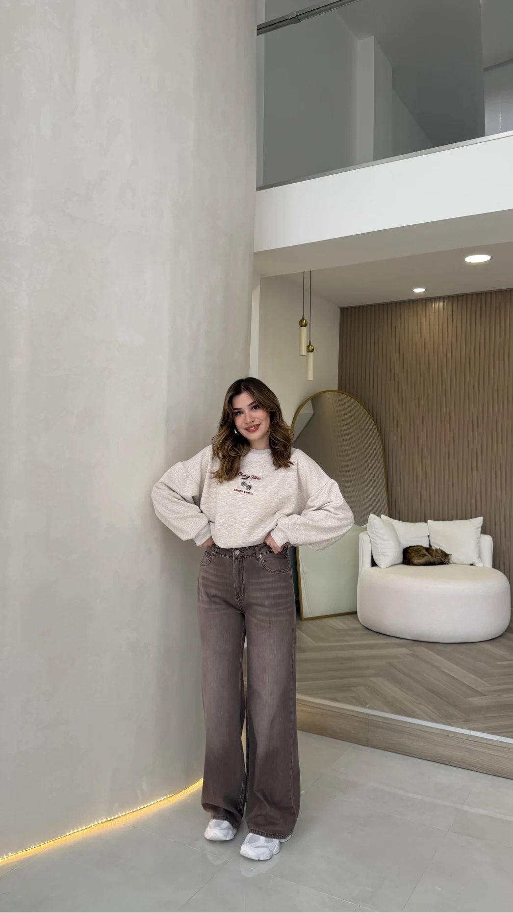 Dilvin Yüksek Bel Dökümlü Denim Pantolon - Açık Kahve