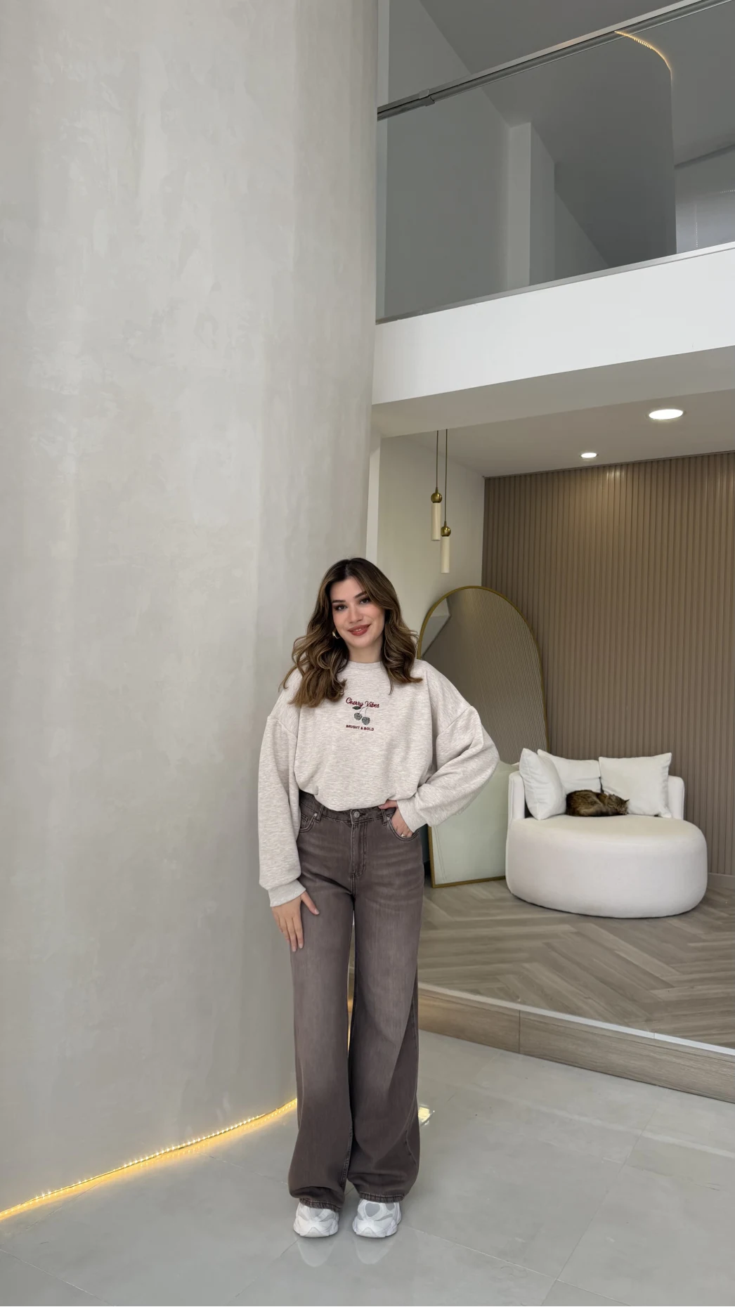 Dilvin Yüksek Bel Dökümlü Denim Pantolon - Açık Kahve