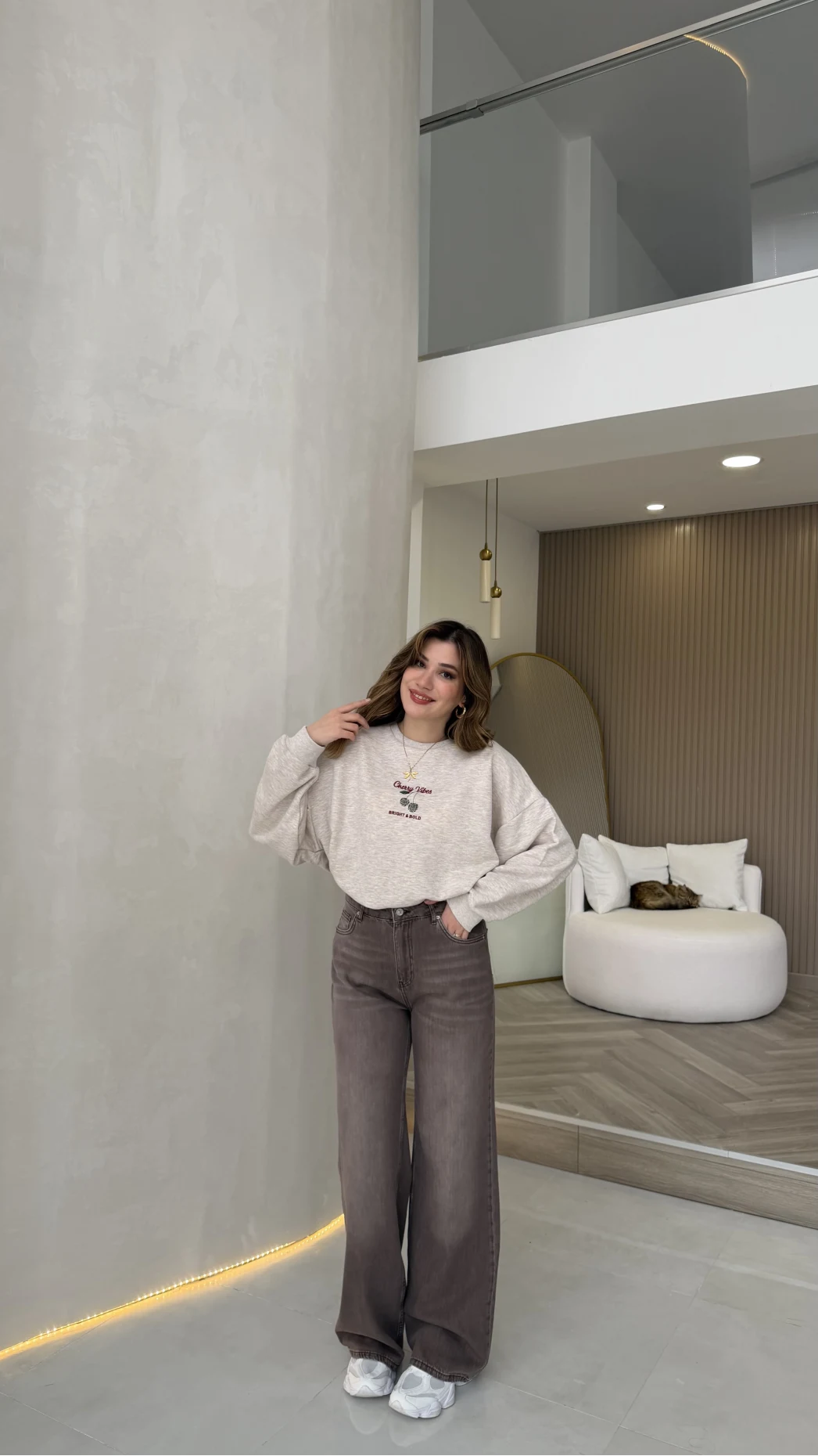 Dilvin Yüksek Bel Dökümlü Denim Pantolon - Açık Kahve