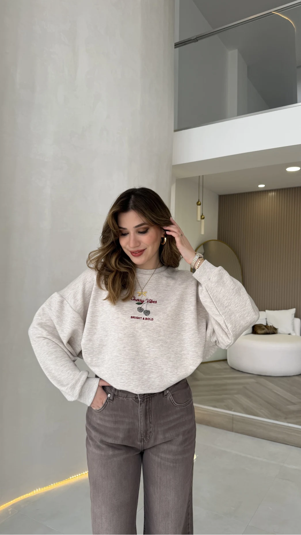 Bej Renkli Baskılı Sweatshirt - Kod: 01874