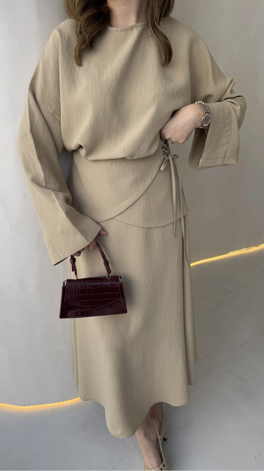 La Fortuna Bel Detay Bağcıklı Takım - Vizon - Kod: 9034