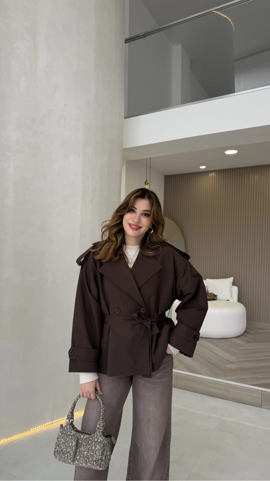 Anastasia Vatkalı Kuşaklı Kısa Trençkot - Kahve - Kod: 9609