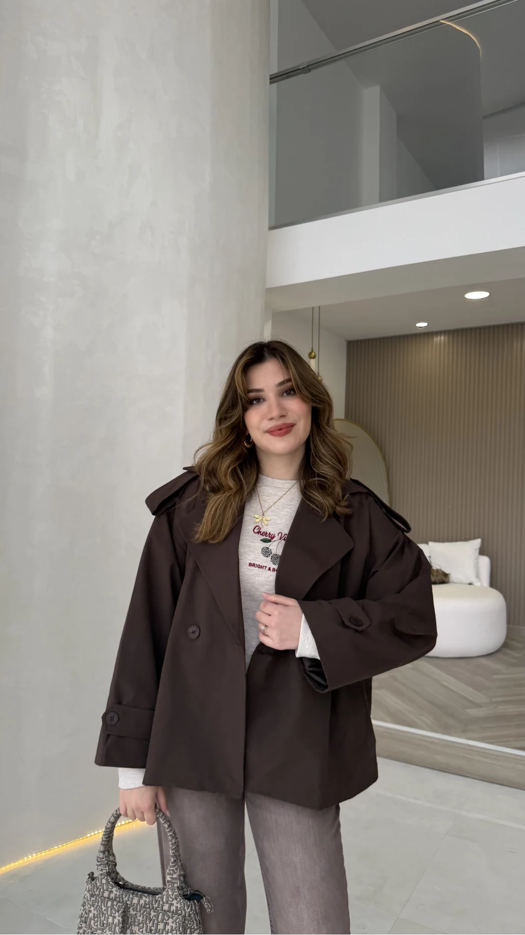 Anastasia Vatkalı Kuşaklı Kısa Trençkot - Kahve - Kod: 9609