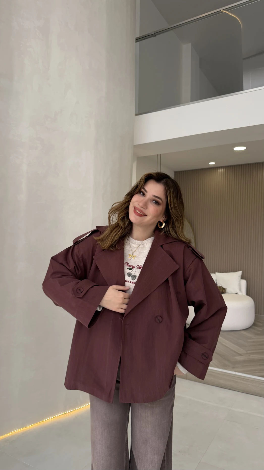 Anastasia Vatkalı Kuşaklı Kısa Trençkot - Bordo - Kod: 9609