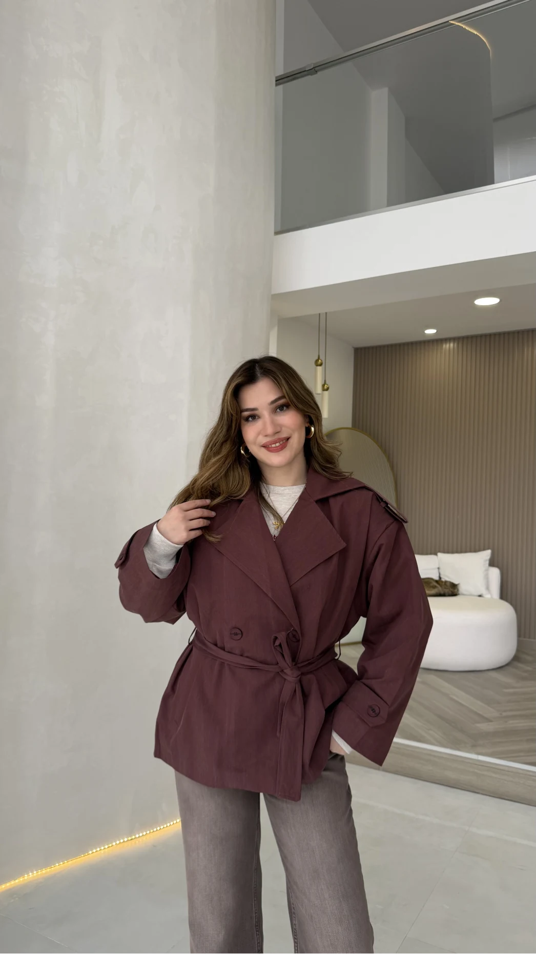 Anastasia Vatkalı Kuşaklı Kısa Trençkot - Bordo - Kod: 9609