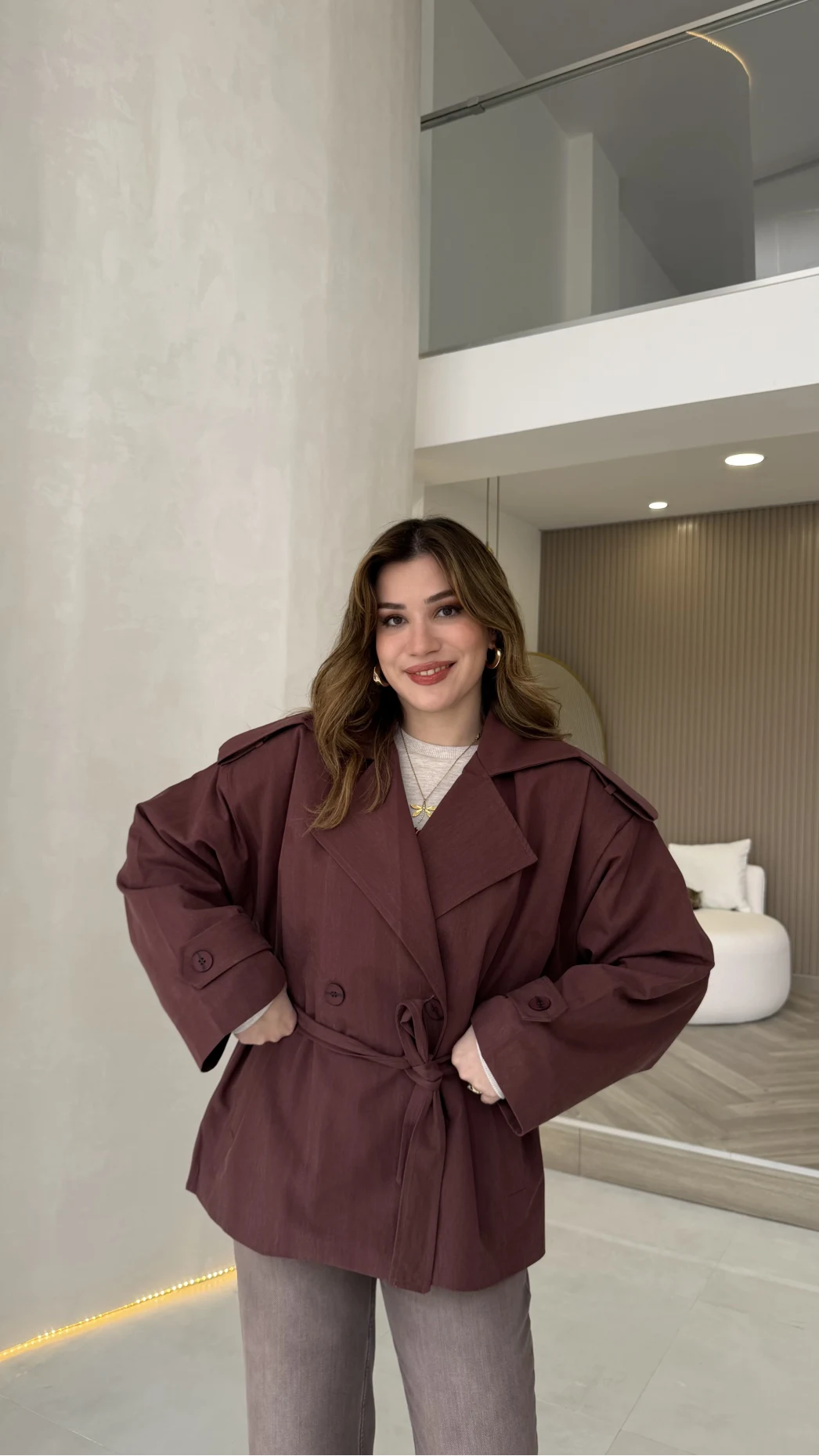 Anastasia Vatkalı Kuşaklı Kısa Trençkot - Bordo - Kod: 9609