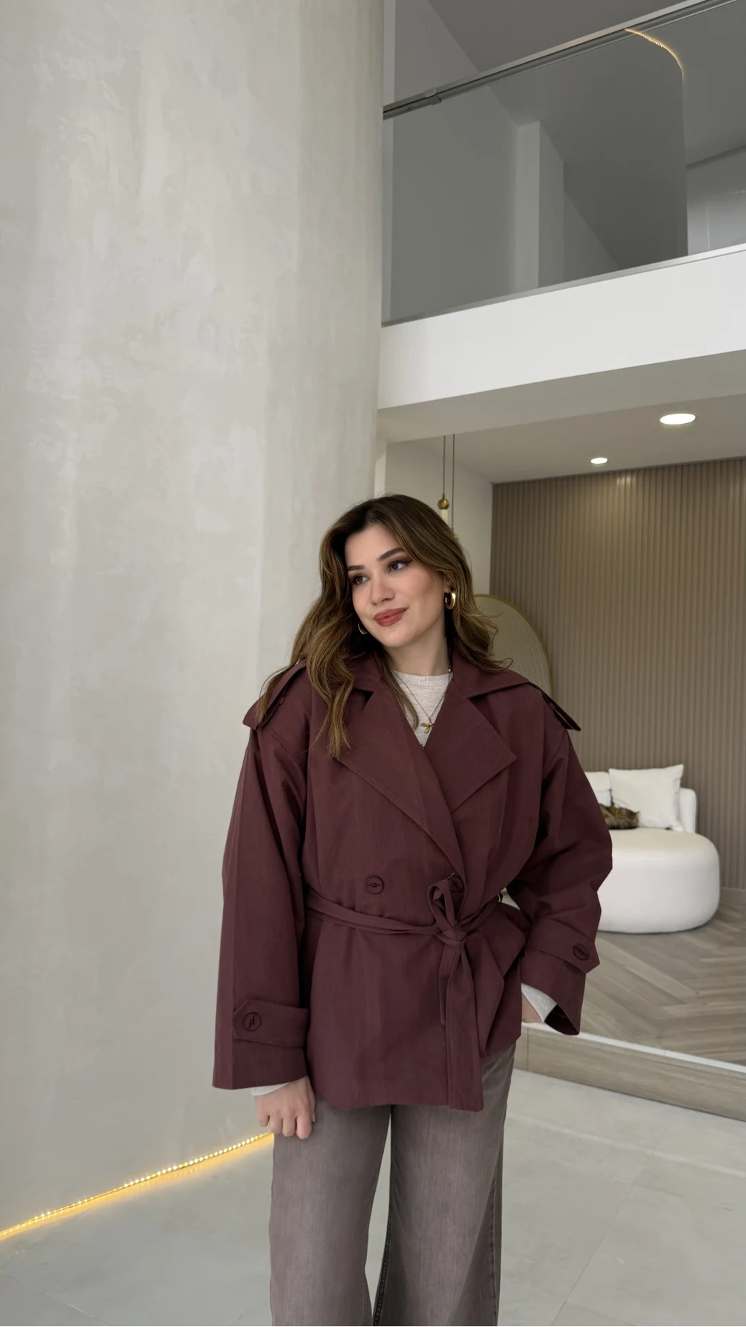 Anastasia Vatkalı Kuşaklı Kısa Trençkot - Bordo - Kod: 9609