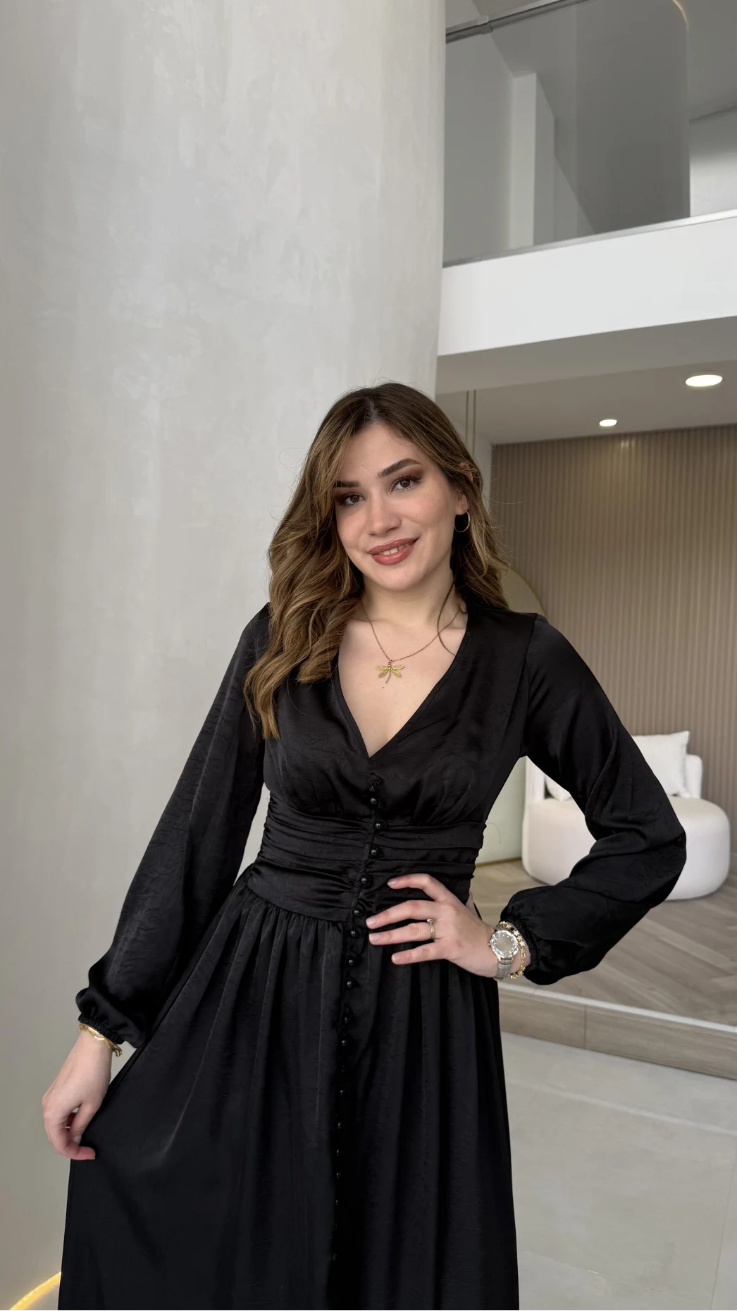 Bernıce Beli Büzgü Detay Düğmeli Saten Elbise - Siyah - Kod: 0974