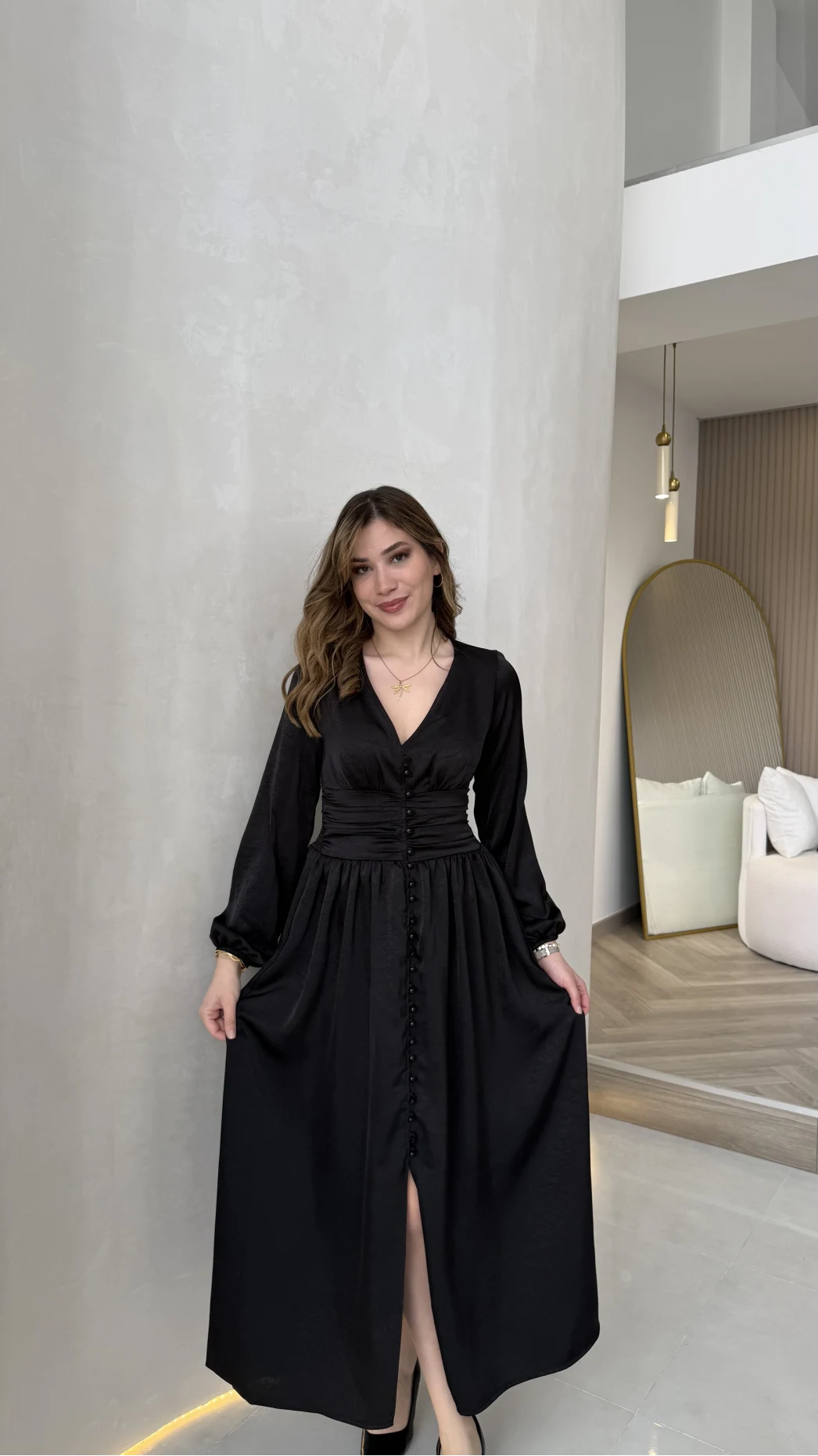 Bernıce Beli Büzgü Detay Düğmeli Saten Elbise - Siyah - Kod: 0974