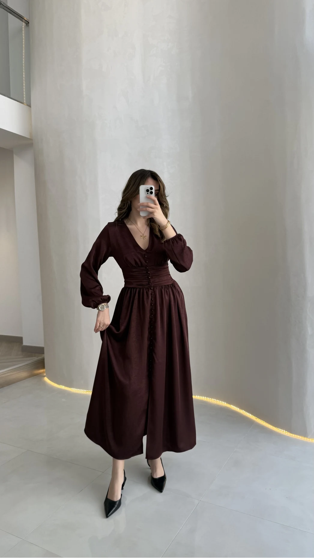 Bernıce Beli Büzgü Detay Düğmeli Saten Elbise - Mürdüm - Kod: 0974