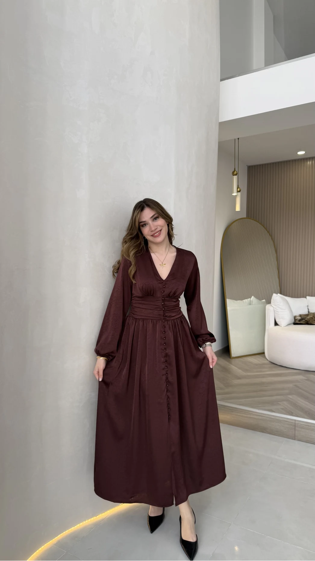 Bernıce Beli Büzgü Detay Düğmeli Saten Elbise - Mürdüm - Kod: 0974