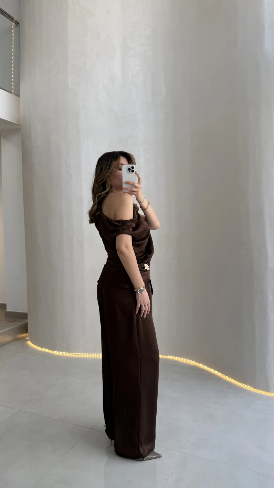 Destino Aksesuar Detay Sıfır Kol Saten Takım - Acı Kahve