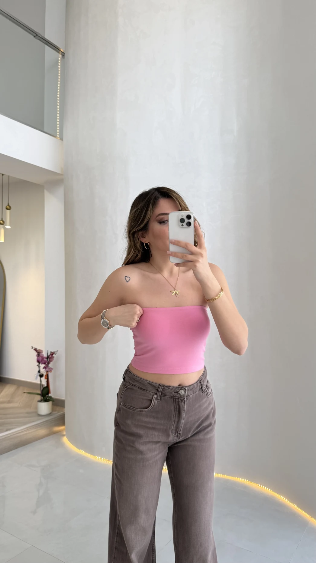 Straplez Crop Pedli Body - Pembe - Kod: 23369