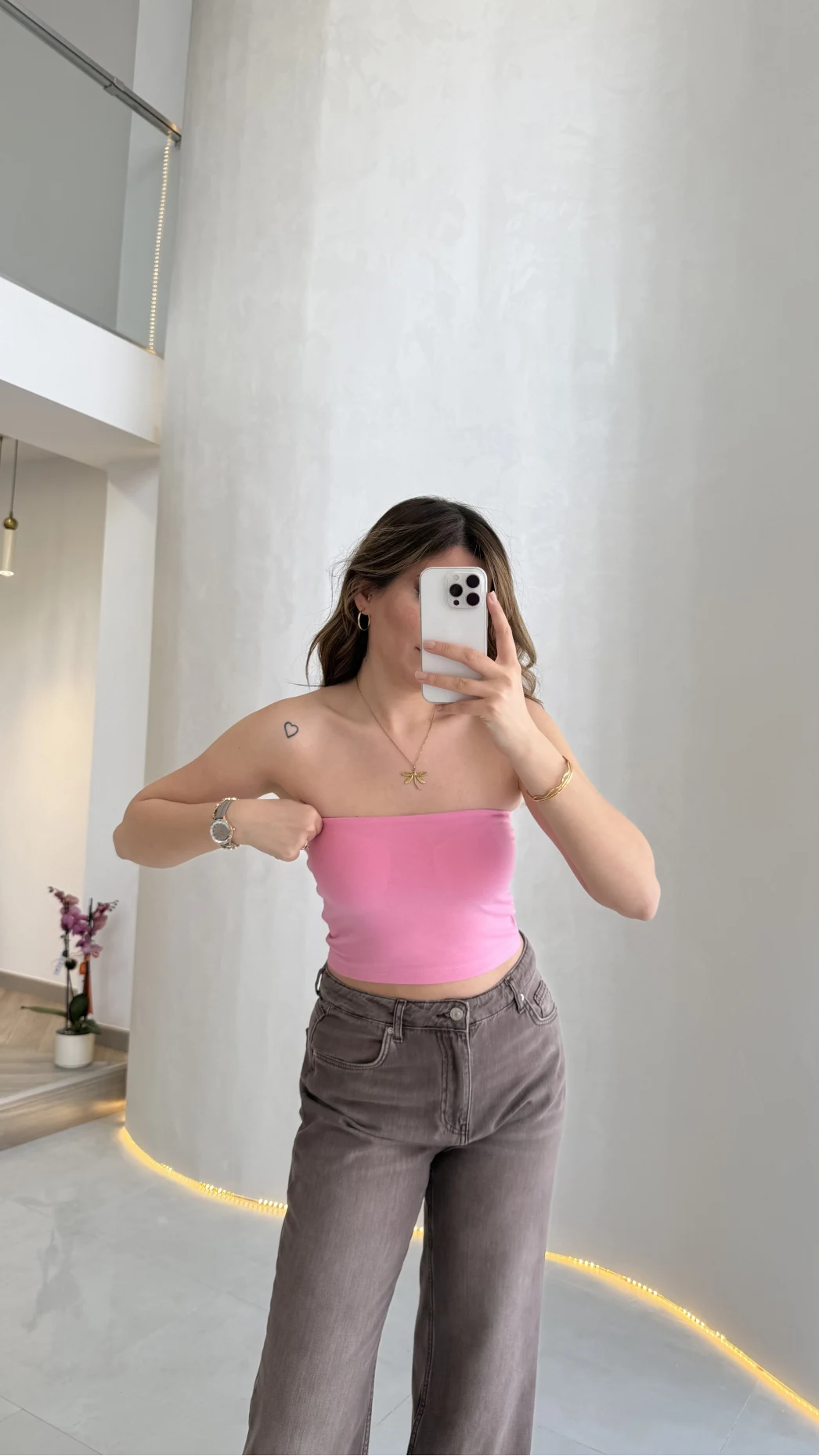 Straplez Crop Pedli Body - Pembe - Kod: 23369