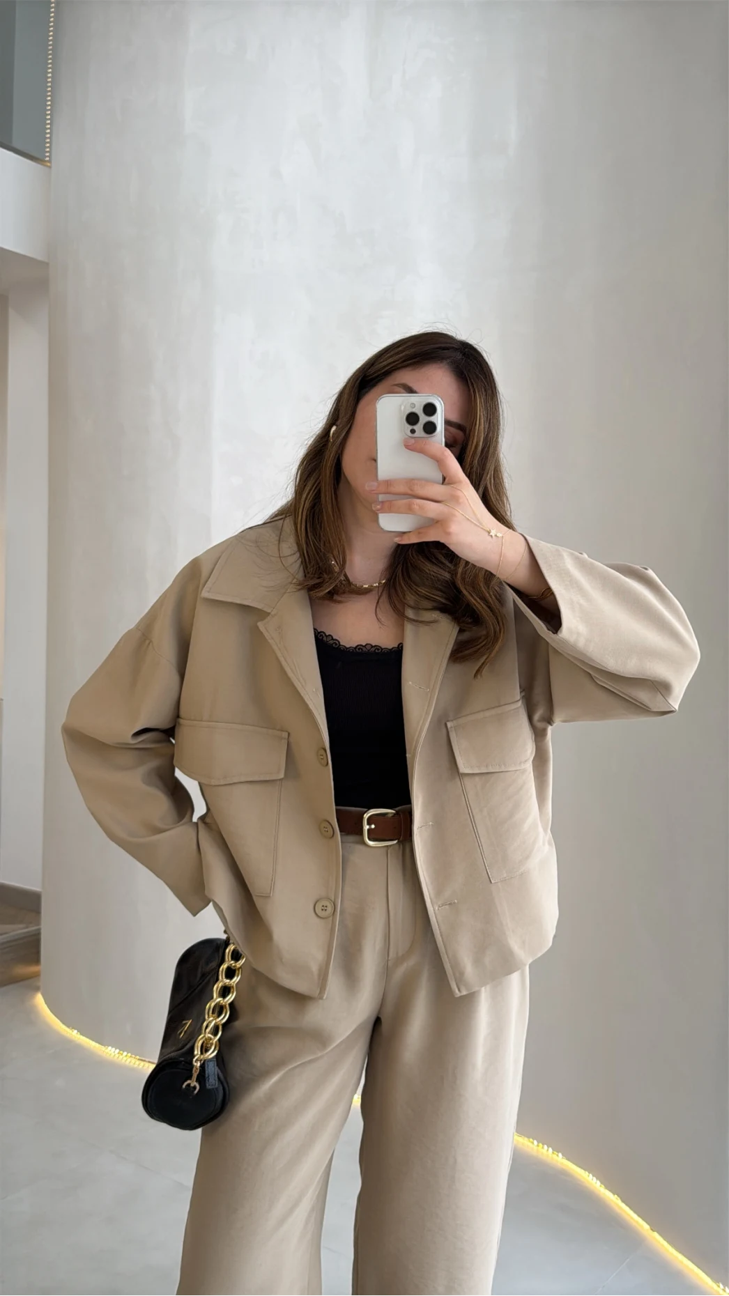 Cepli Kemerli Oversize Ceket-Pantolon Takım - Vizon - Kod: 9025