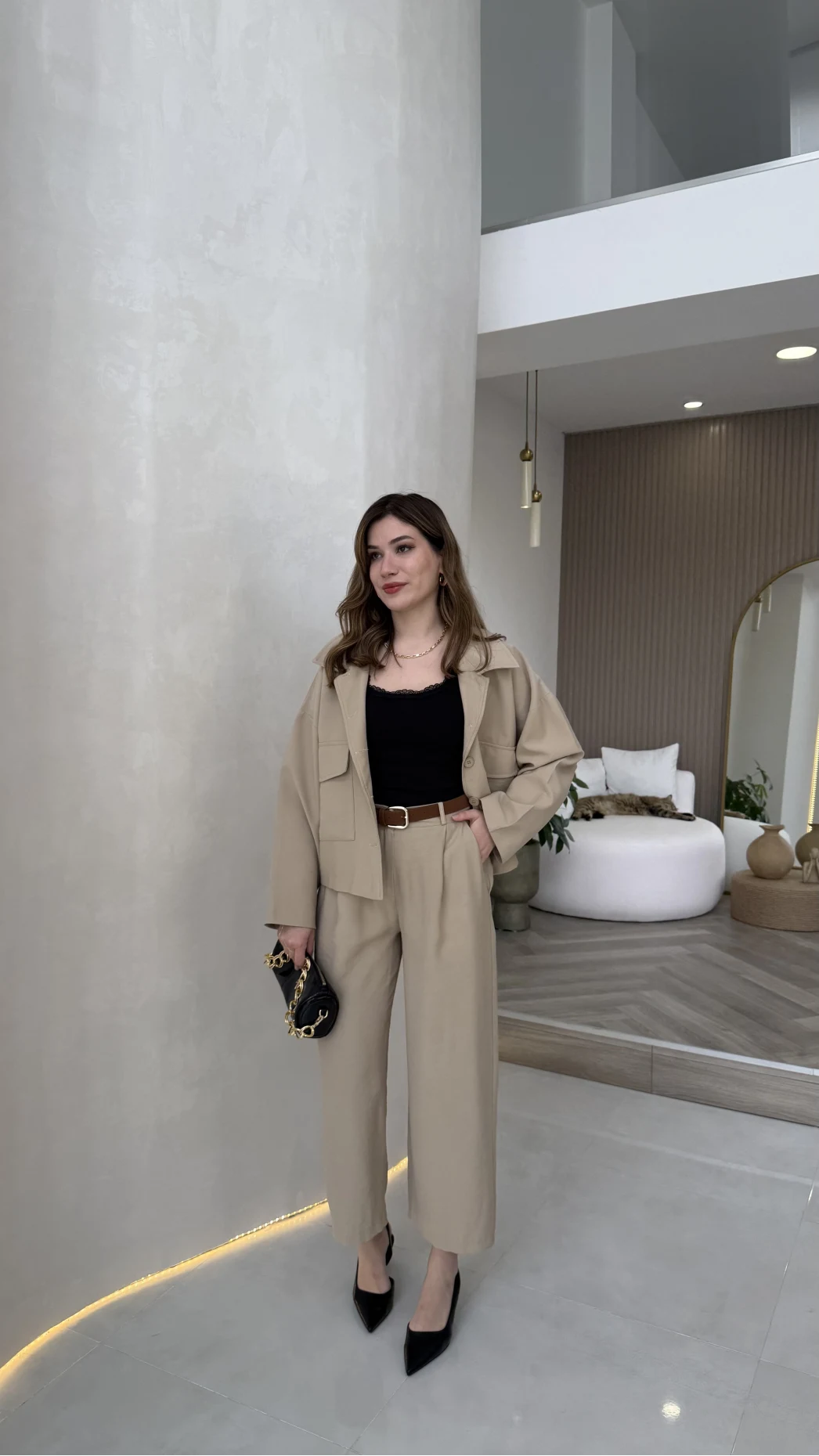 Cepli Kemerli Oversize Ceket-Pantolon Takım - Vizon - Kod: 9025